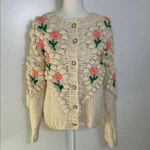 Vita Grace Floral Knit Cream Sweater Large